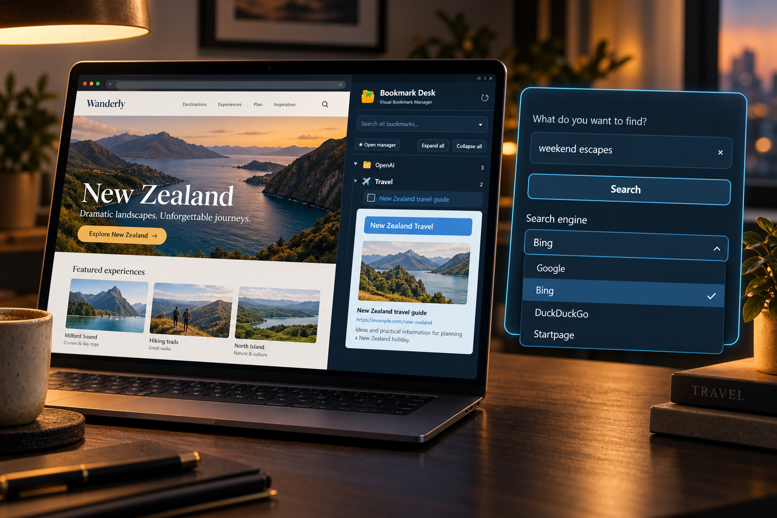 Illustrative laptop scene showing a travel page beside VisualMark's side panel, with search engine selection enlarged.