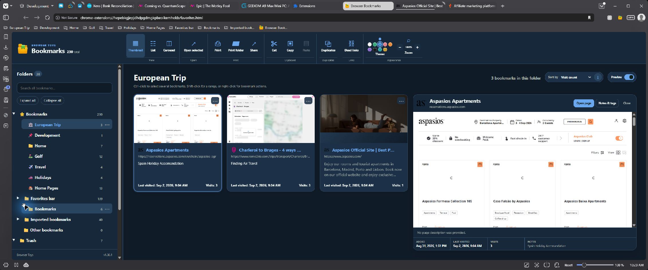 Bookmark manager showing visual website cards, a folder tree and a larger selected-page preview.